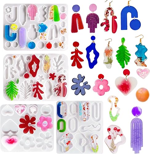 Juego de 4 aretes de resina de silicona, moldes geométricos de silicona epoxi en forma de flor, moldes de fundición de silicona para joyas,