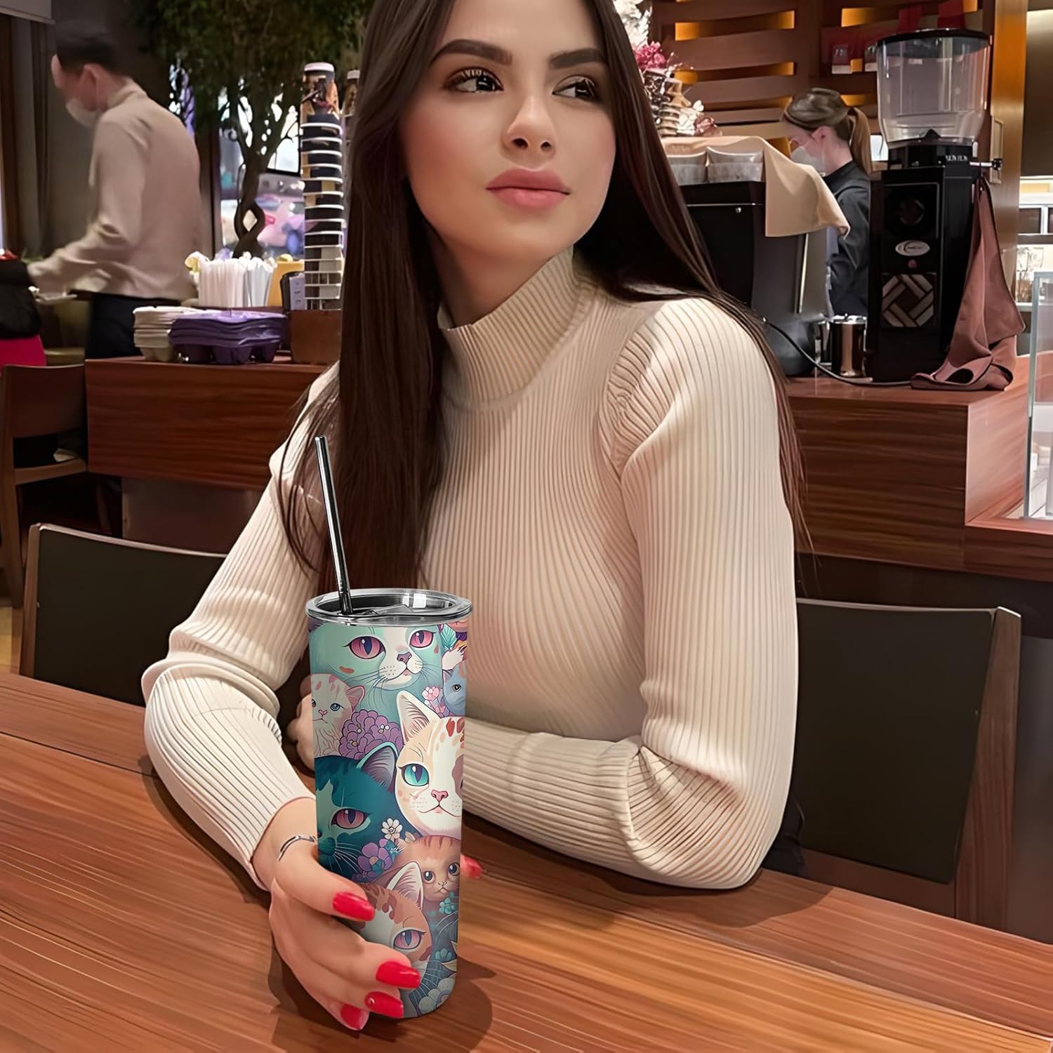 Cute Cat with Flower Tumbler with Handle and Straw, 20oz Stainless Steel Insulated Cup with Lid and Straw, Travel Mug Water Bottle, Gifts for Women - Image 6