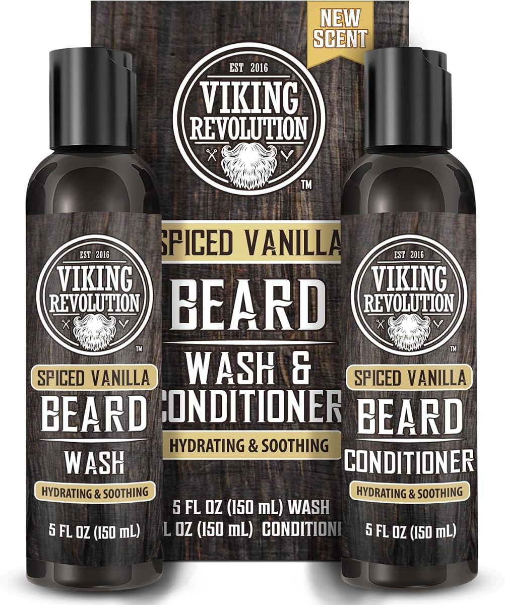 Juego de acondicionador y lavado para barba Viking Revolution - Vainilla especiada - 5 oz | Formulado con aceites de argán y jojoba - Suaviza y fortalece la barba - Aroma especiado a vainilla