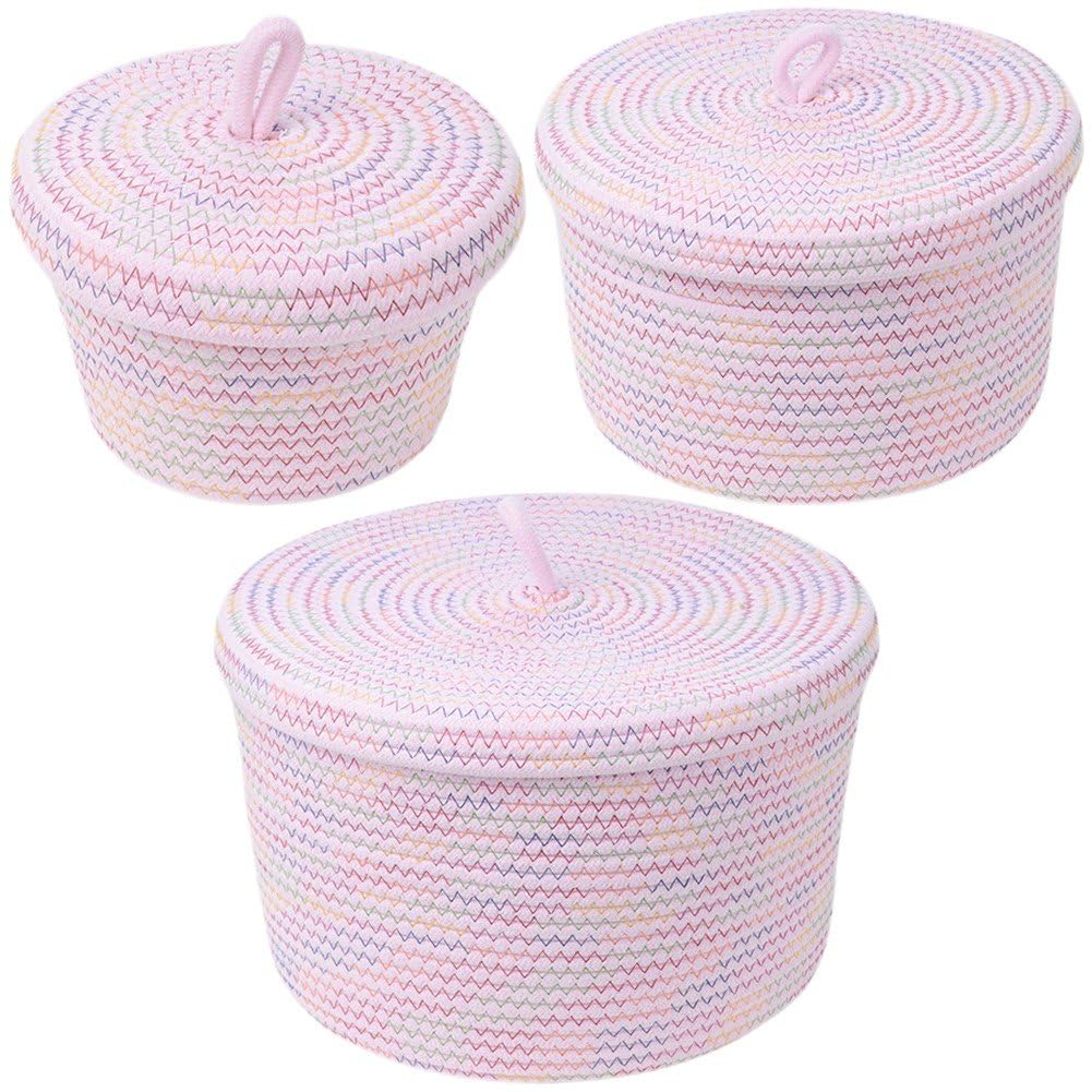 Danlai Pink Round Cotton Rope Storage Basket With Lid 3Pcs/Set Woven Storage Bin Dust-Proof Storage Container Storage Basket For Home