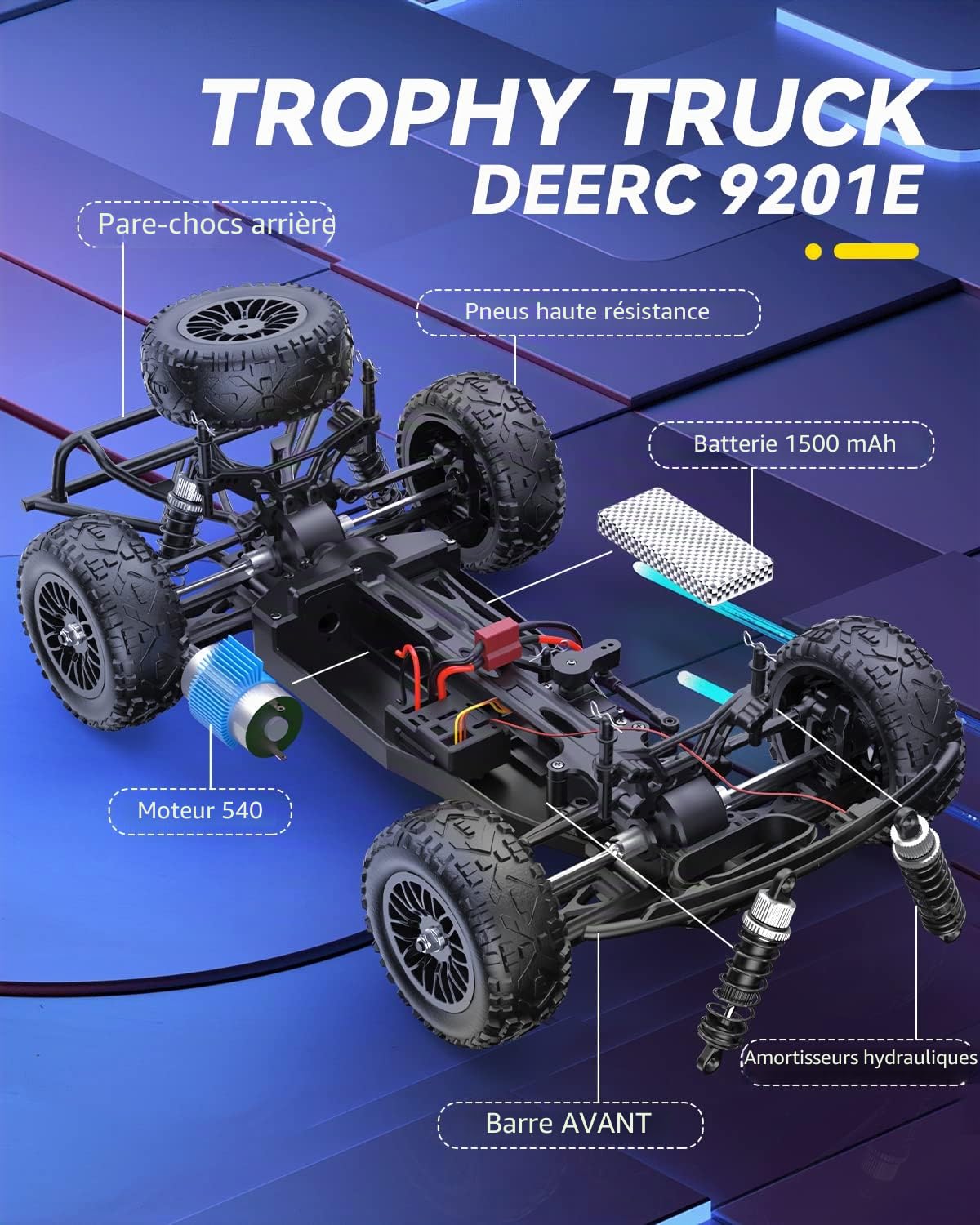 DEERC Voiture télécommandée 1:10 avec lumières RC Voiture 48km/h 4WD Offroad Hobby Grade Monster Crawler avec 2 batteries 40 minutes d'autonomie 2 coques de voiture pour adultes, enfants (9201E)
