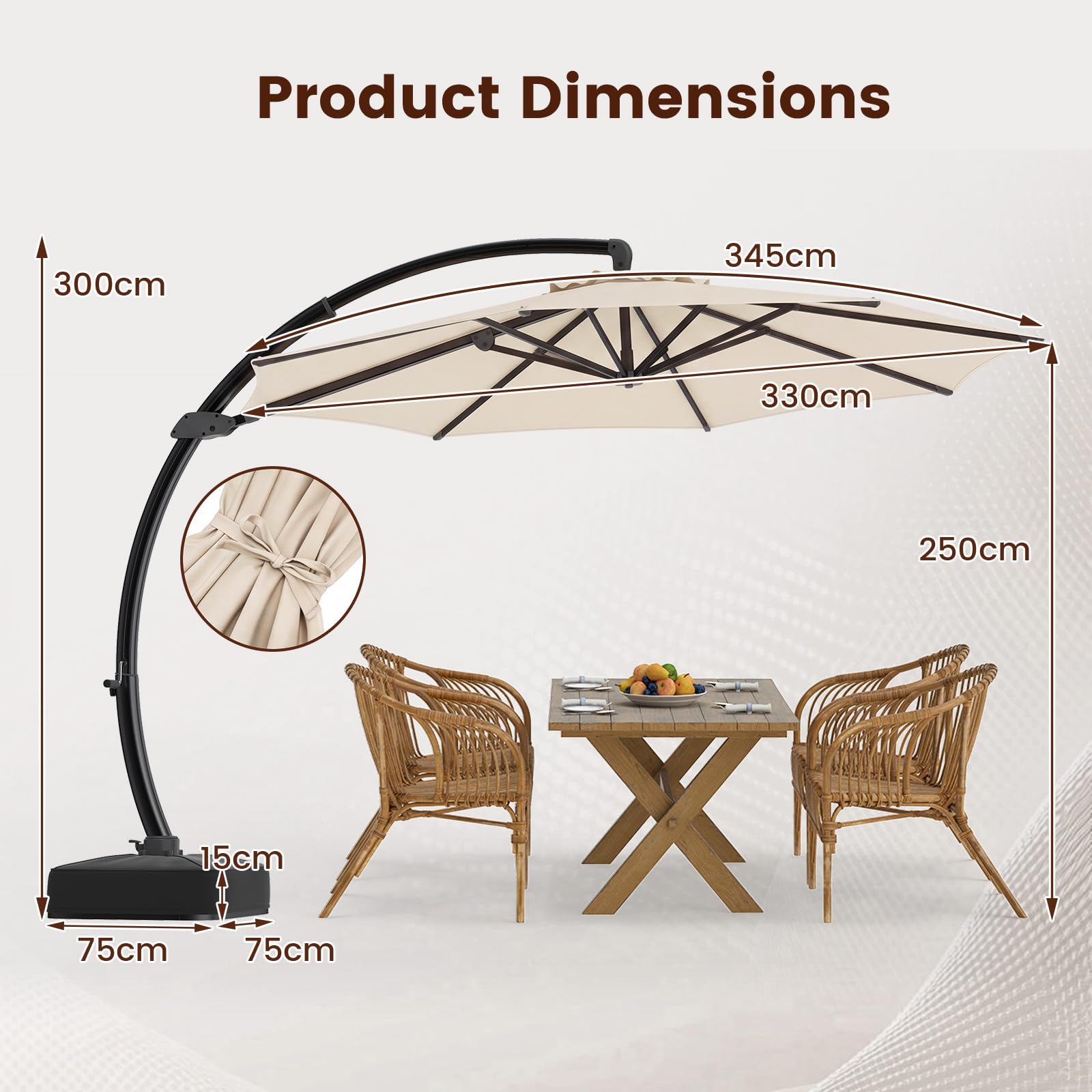 COSTWAY Parasol przeciwsłoneczny ze stojakiem, 330 cm, aluminiowy parasol przeciwsłoneczny z korbą, obracany o 360°, bezstopniowo regulowany kąt nachylenia, duży parasol ogrodowy, parasol tarasowy do