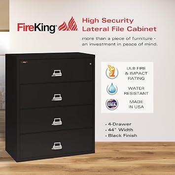 FireKing Fireproof Lateral File Cabinet (4 Drawers, Impact Resistant, Water Resistant), 44 W x 22 D, Black, Made in USA
