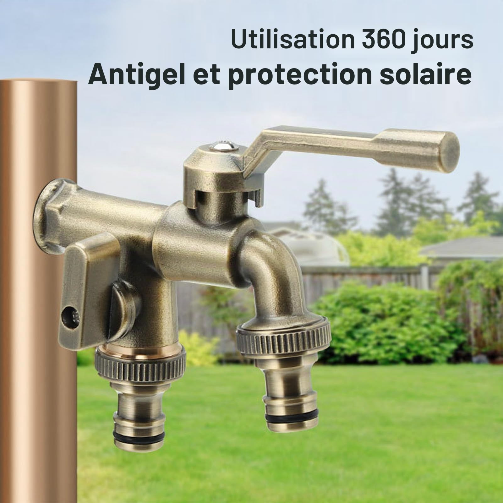 Robinet d'eau en Laiton Double Exterieur Jardin, 3/4 Pouces Robinet Double Sortie Extérieur Anti-gel, Robinet D'eau en Laiton Antique avec 2 Prises de 25 Mm Pour Jardin, Machine à Laver, Terrasse
