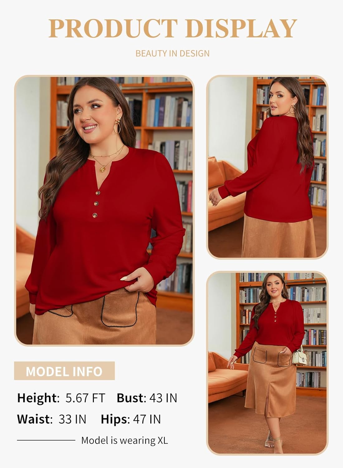 Eytino Womens Plus Size Tops Henley V Neck Long Sleeve Casual Shirts Button Front Loose Fit T Shirt(1X-5X) - Image 3