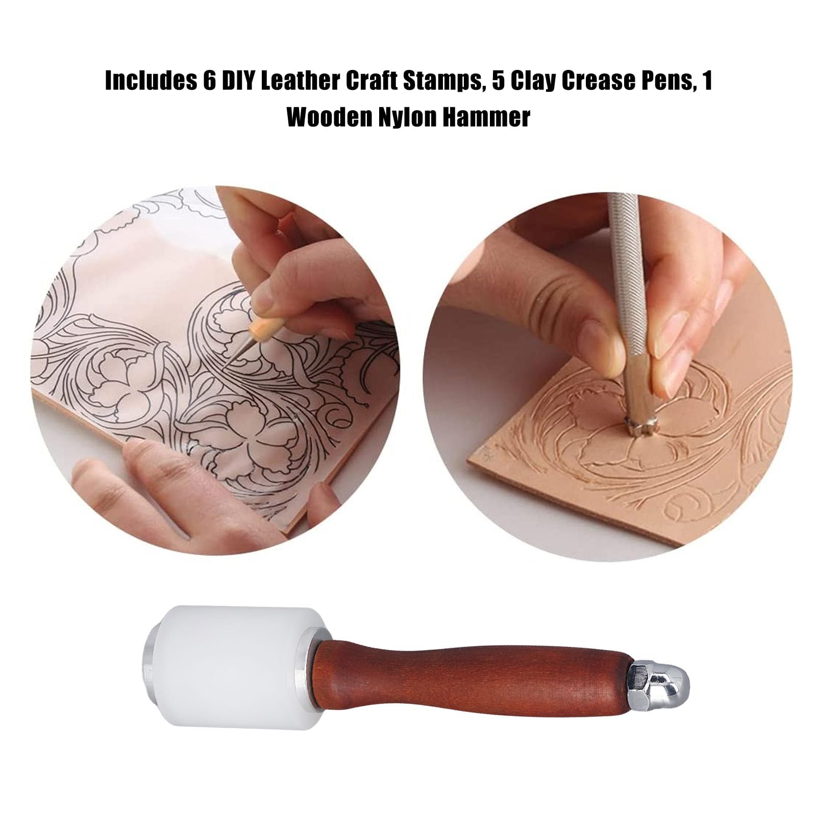 Juego de 12 herramientas de estampado de cuero, kit de trabajo artesanal de cuero, kit de herramientas de cuero hecho a mano con martillo de nailon de madera para hacer sillas de