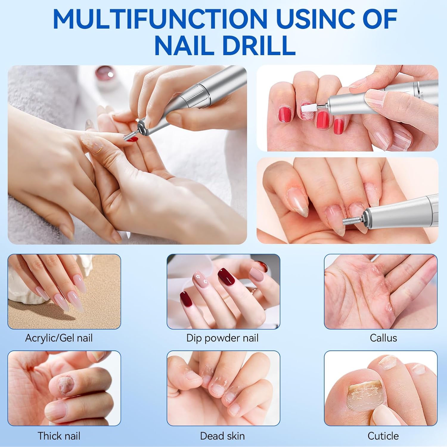 Nail Drill, Professional 45000RPM Electric Nail File with 12 Drill Bits Remover Gel Nail Polish Acrylic Nails Manicure for Salon Home(White)