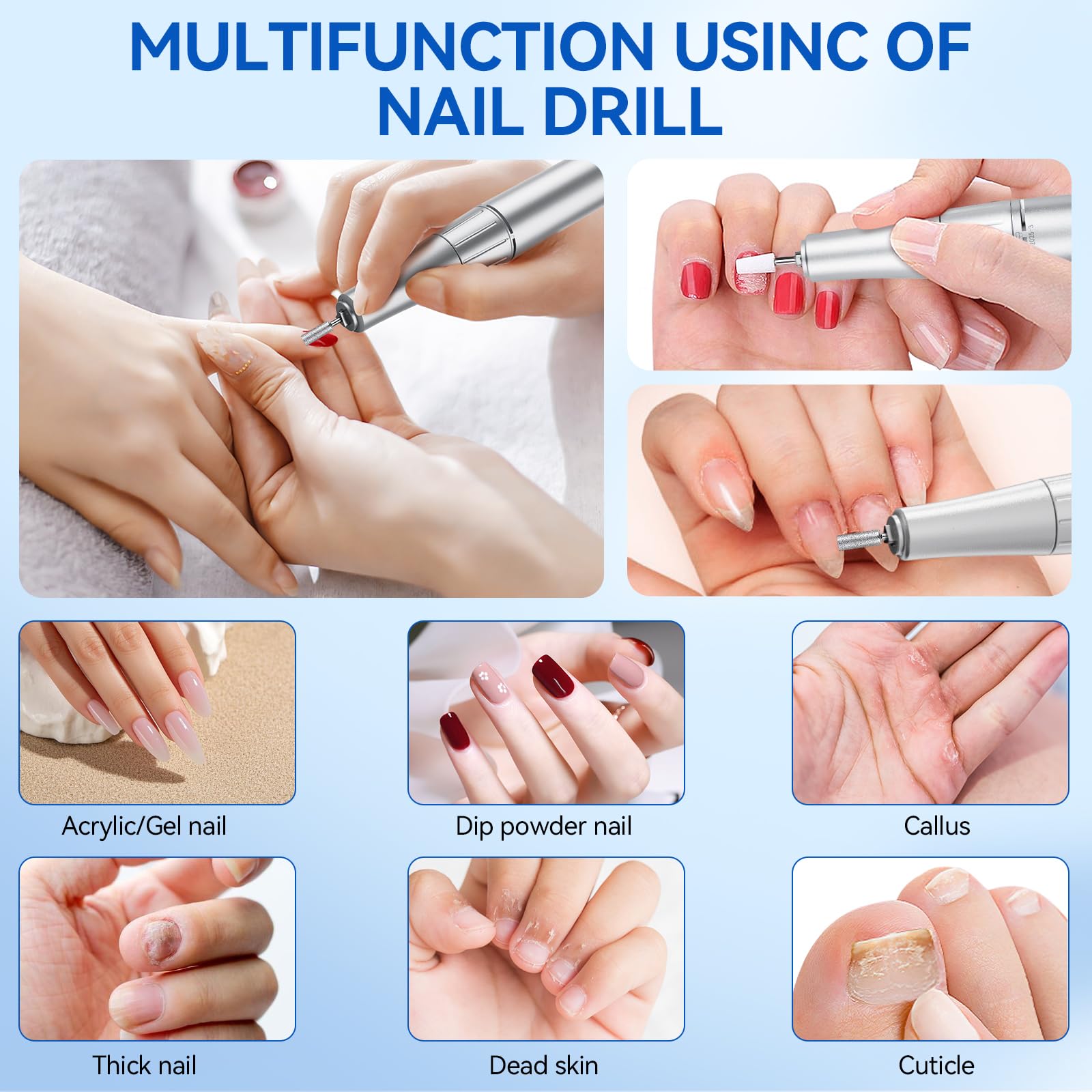 Torno para Uñas,Torno para Uñas Profesional 45000 RPM 12 en 1 Taladro de Manicura Portátil 3000 mAh con Pantalla LCD,Lima Electrica Uñas,para Uñas Acrílicas y de gel (Blanco)