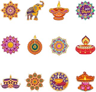 Diwali Party Decorations Cut-Outs Cards Kit - DIY Shaped Deepavali Party Cut-Outs- Festival of Lights Party Supplies Essential Card, Set of 12 Counts