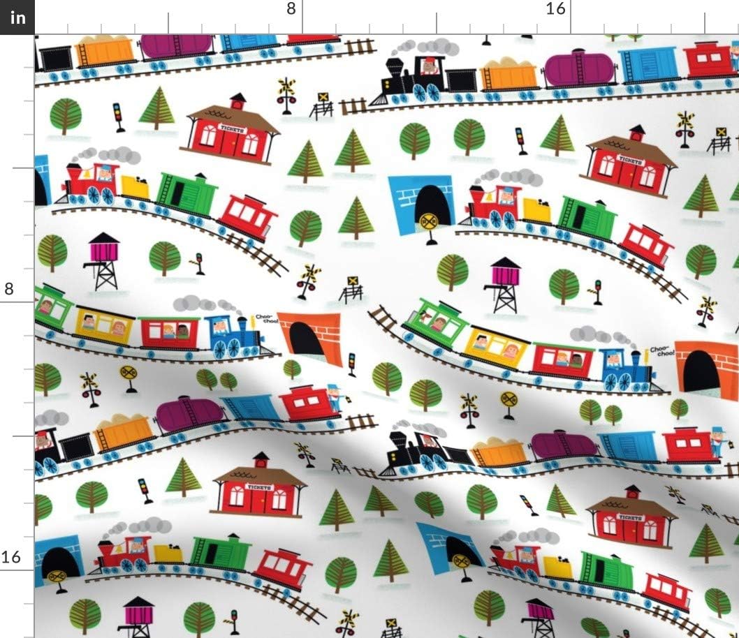 Spoonflower Fabric - Trains White Rainbow Nursery Train Railroad Boy Girl Abstract Printed on Petal Signature Cotton Fabric by The Yard - Sewing Quilting Apparel Crafts Decor