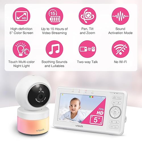 Miniatura 3 de VTech Monitor de video para bebés con cámara y audio, pantalla LCD HD de 5 pulgadas, zoom panorámico, conversación de 2 vías, modo VOX, luces
