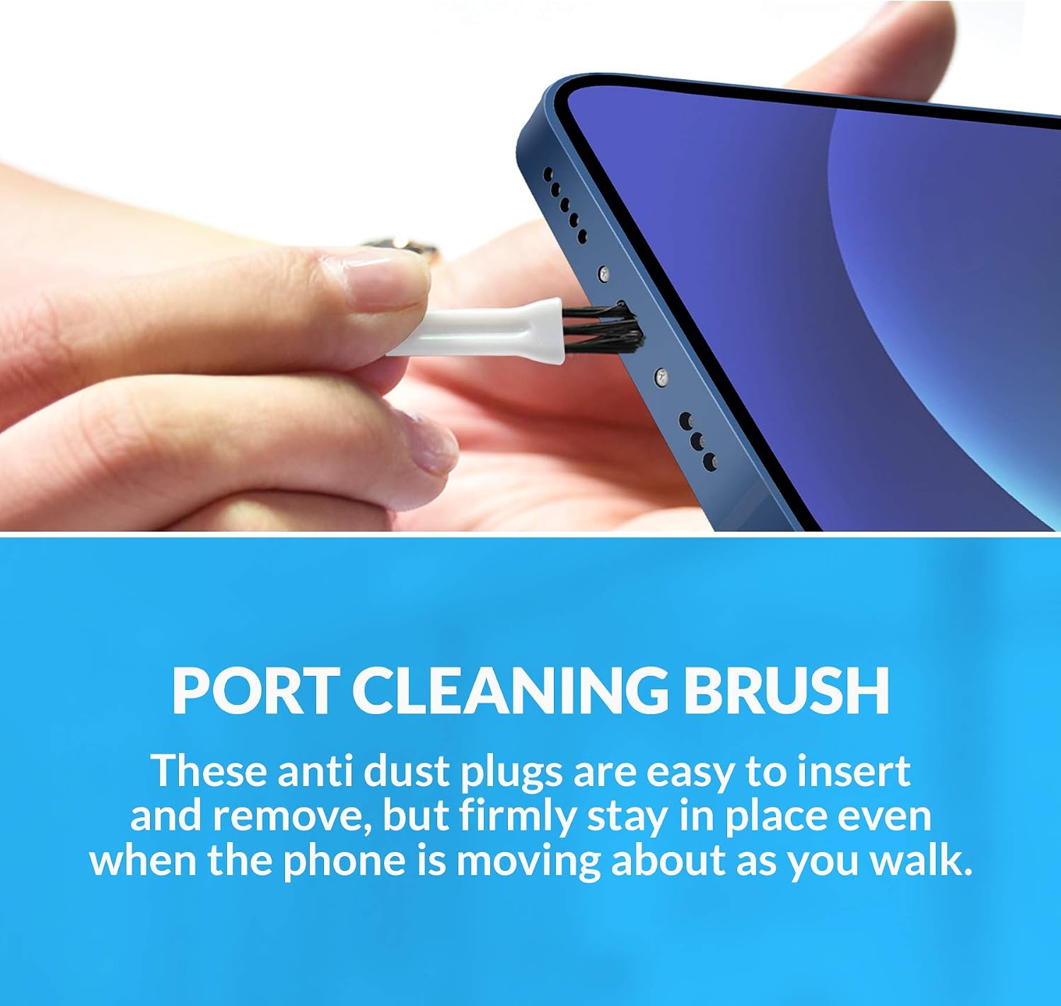 PortPlugs Anti Dust Plugs (10 Pack) - Includes Charging Port Cleaning Brush Kit - Flat Design Port Protector Cover - Compatible with iPhone 14, 13 & Air Pods (Clear)