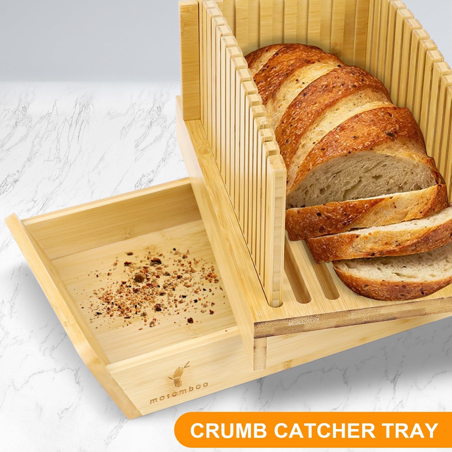 Bamboo Bread Slicer for Homemade Bread with Serrated Knife & Crumb Tray - Foldable Compact Bread Cutting Guide, Adjustable Bread Slicer, Bread Cutter Slicer for Homemade Bread, Cakes, Bagels