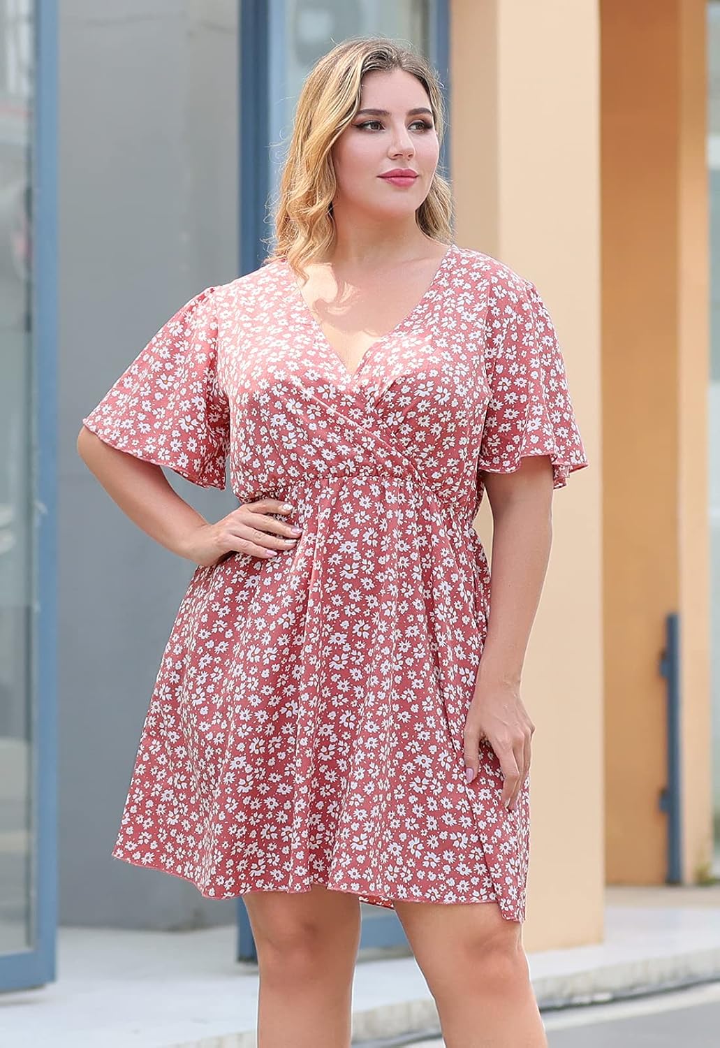 Nemidor Womens Plus Size Summer Dress Floral Print Boho Swing Beach Short Sleeve V Neck Casual Dresses with Pocket