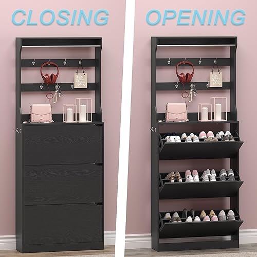 Miniatura 131 de Armario de almacenamiento de zapatos con 3 cajones abatibles, armario estrecho para zapatos, organizador independiente de almacenamiento para Negro