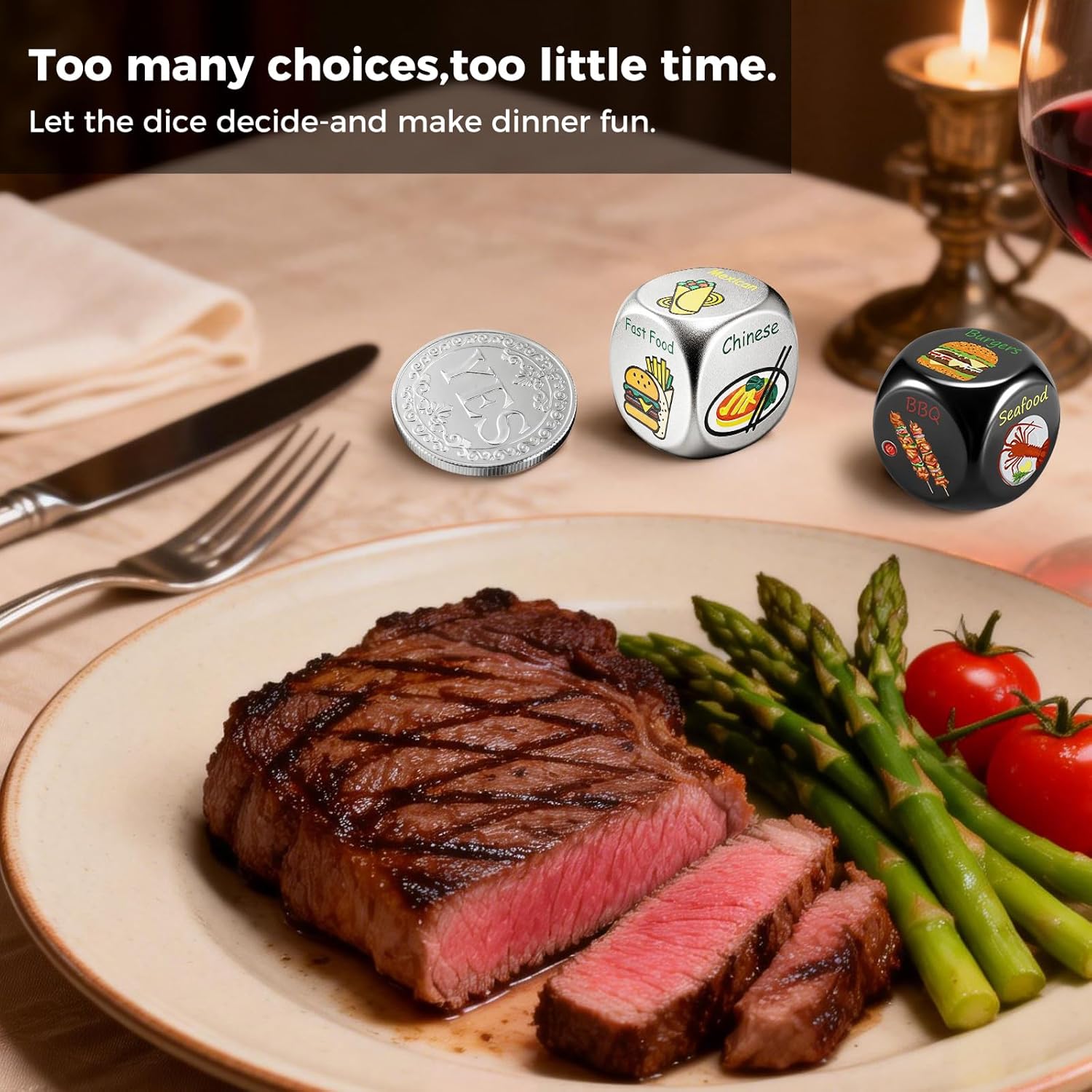 Food Dice - Aluminum Alloy Food Decision Dice and Coin Set, Colorful Date Night Food Decision Dice，Anniversary Birthday Wedding Funny Gifts