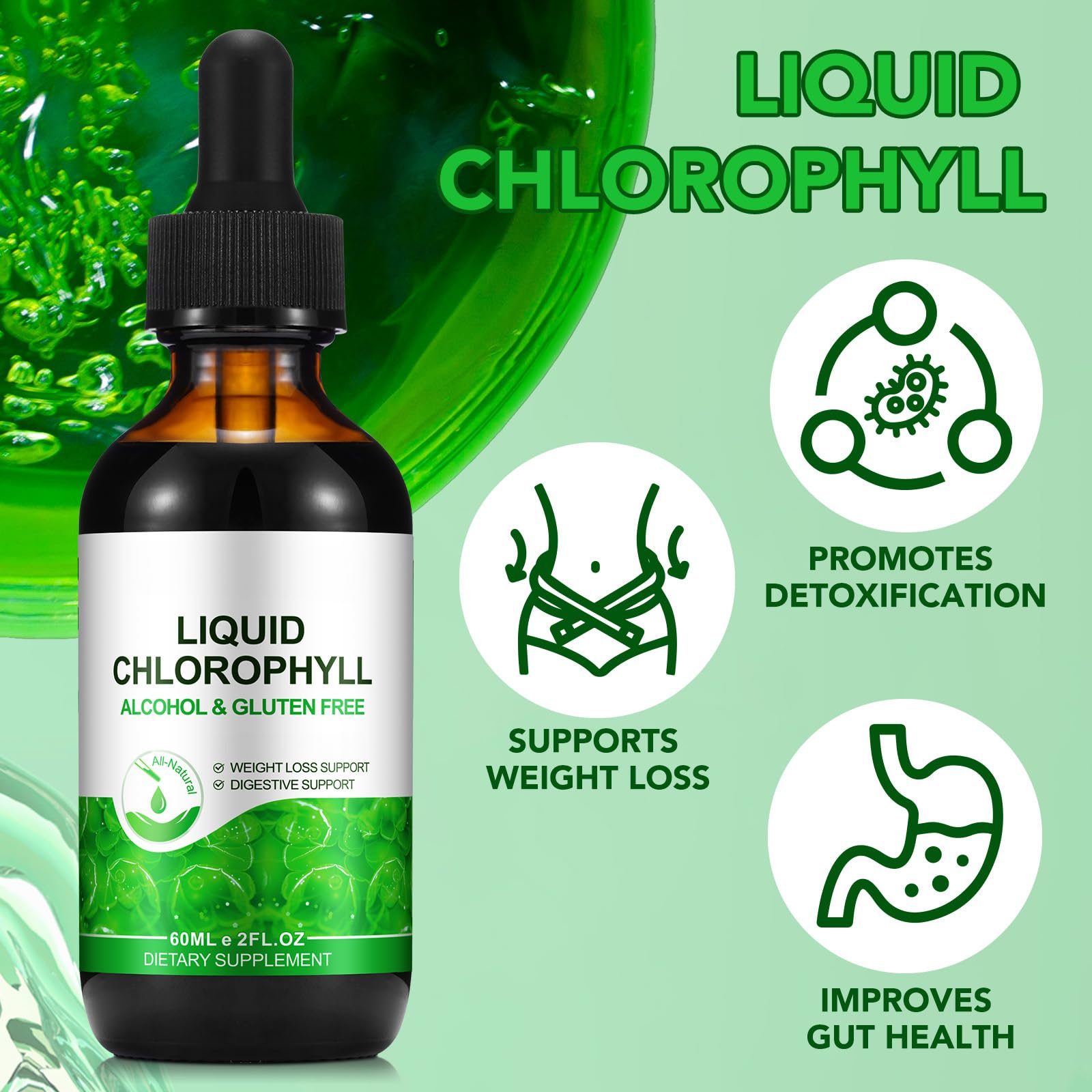 Chlorophyll Liquid Drops 60ml, 100% Natural Organic Liquid Chlorophyll Drops for Body Odor Balance,Fresh Breath, Digestion, Gut Health, Energy, Body Freshness, Peppermint Flavored Fast Absorption — Amazon image 4