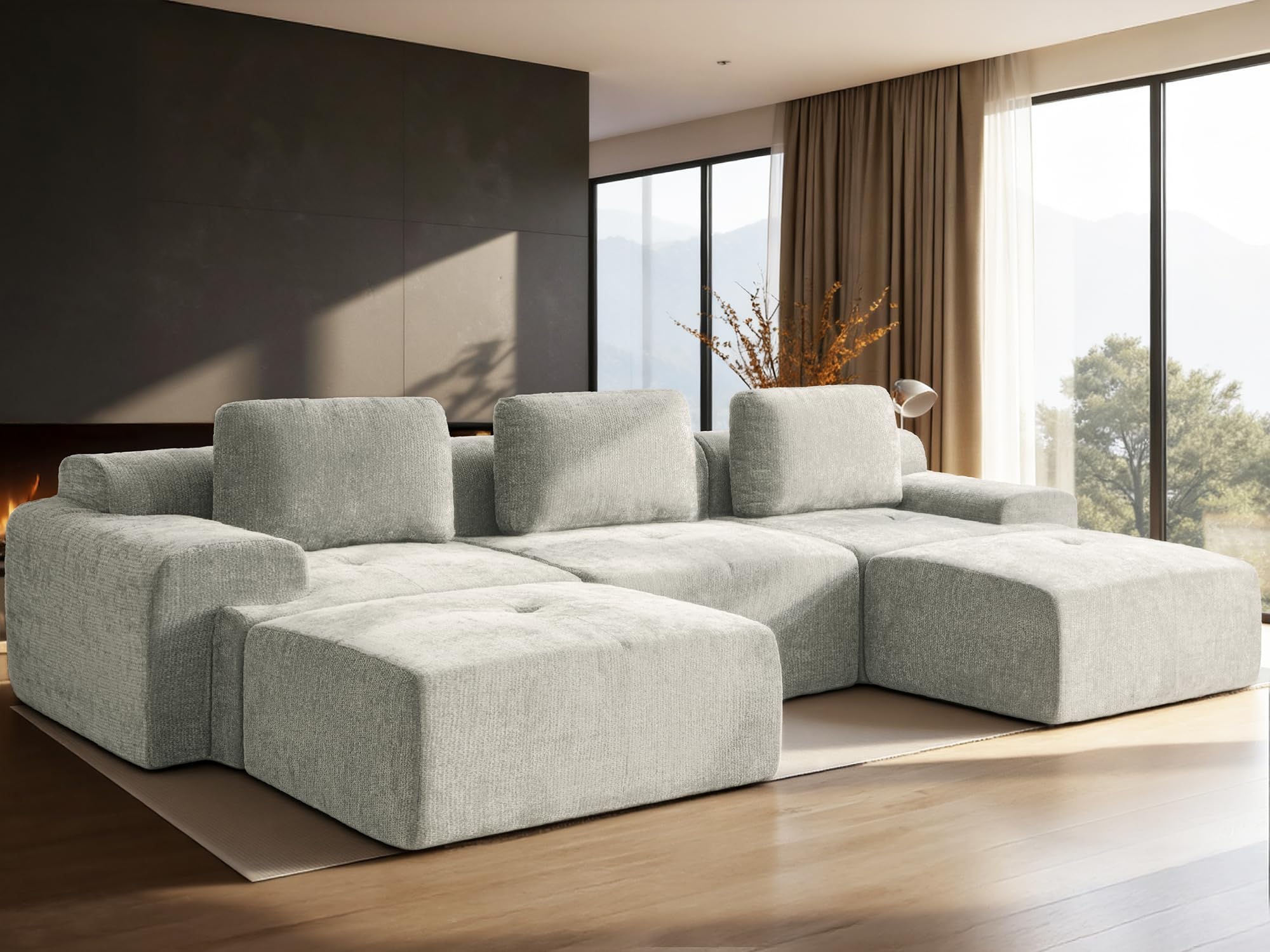 122" U-Shaped Modular Sectional Sofa, Oversized Boneless Cloud Couch for Living Room with Extra Deep Seat &amp; High Back, Tool-Free No Assembly, Soft Chenille (Light Grey, 122 inch-U Shaped（3+2）)