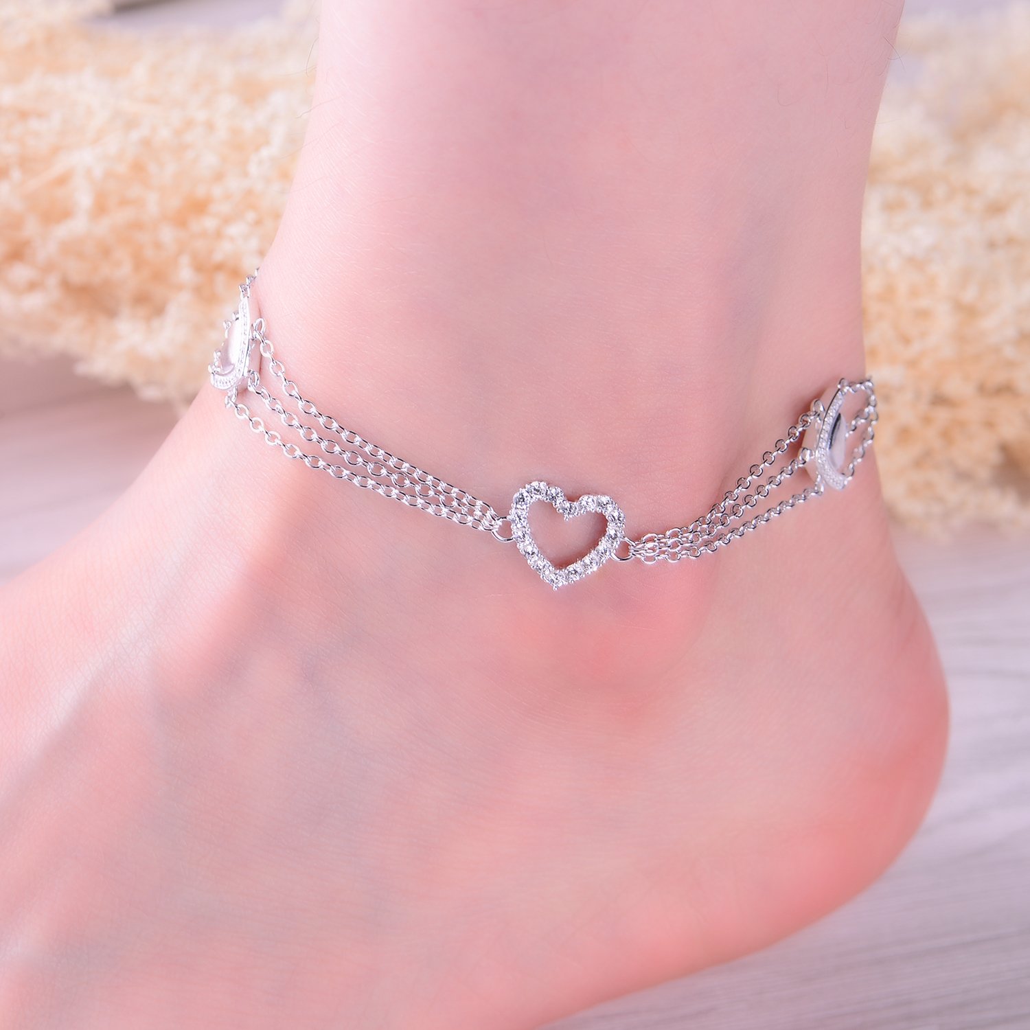 GW Fussketten für Frauen Herz Fußkettchen Silber 925 Zircon Mehrreihige Fußschmuck Fusketten Set