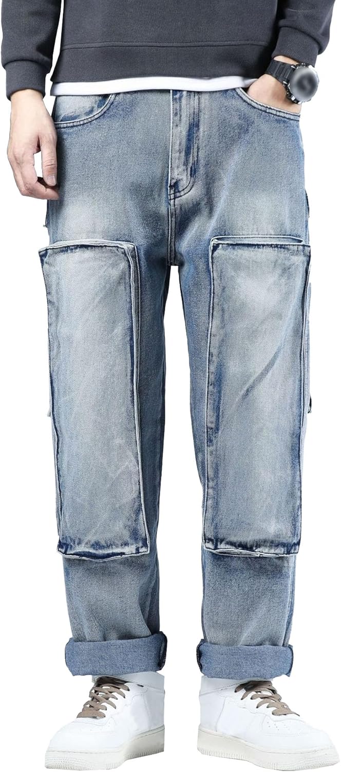 Men's Multi Pockets Cargo Jeans Baggy Relaxed-Fit Streetwear Jean Loose Fit Hip Hop Denim Work Pants