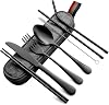 DEVICO Camping Cutlery, Travel Cutlery Set with Case, Portable Stainless Steel Camping Utensils Include Knife Fork Spoon Chopsticks Straws Brush Black