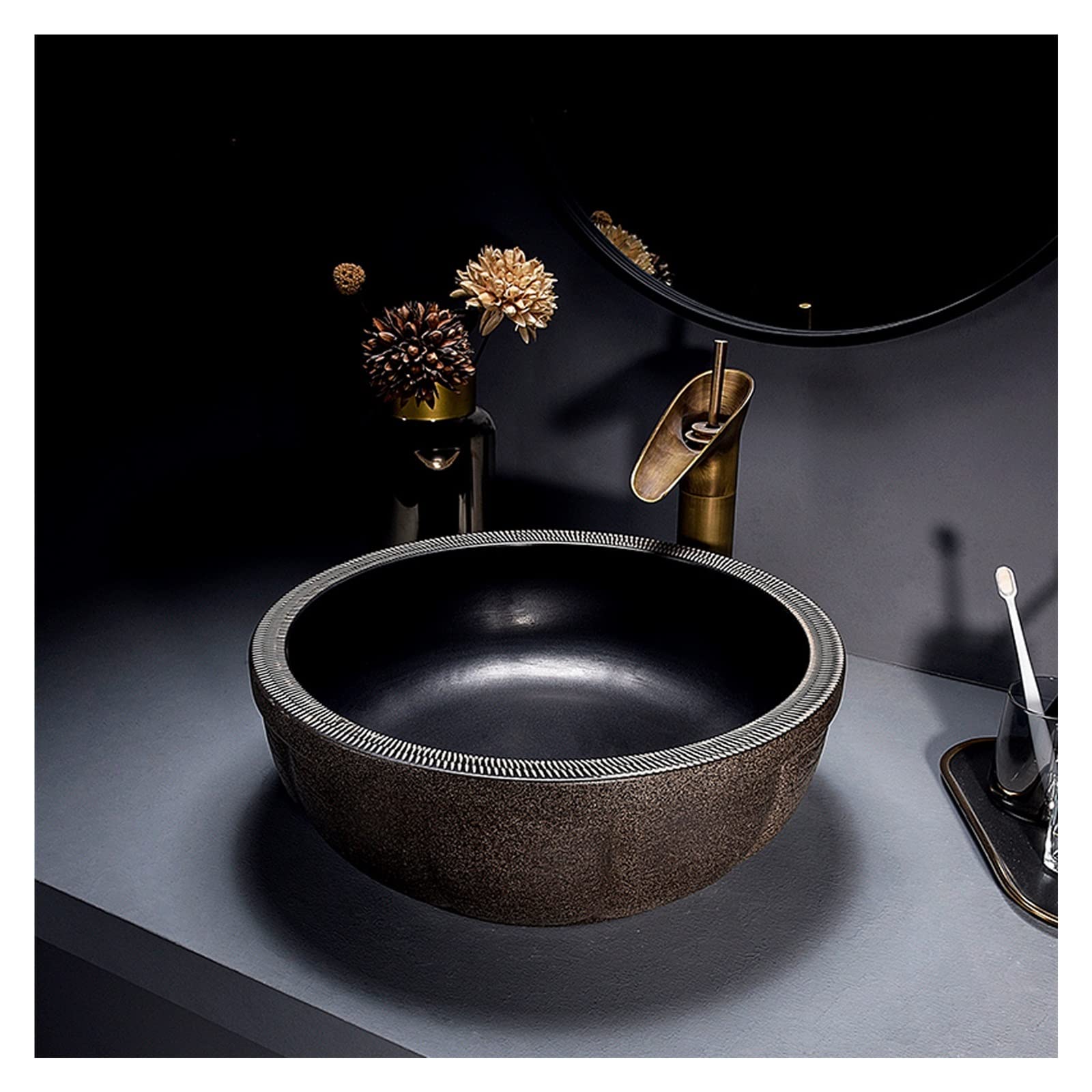 TIANQIHAO Vintage Vessel Sink And Faucet Combo, Creative Pumpkin Round Bathroom Ceramic Artistic Bowl Art Basin, Above Counter Porcelain Lavatory Vanity Sinks