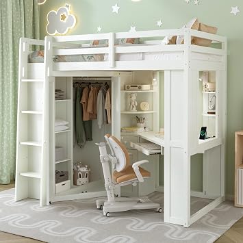 JIVOIT Twin Size Wood Loft Bed with Desk, All-in-One Space-Saving High Bed with Integrated Large Wardrobe & Hanging Rail, Shelves, Pull-Out Keyboard Tray, Easy Assembly Beige White/83