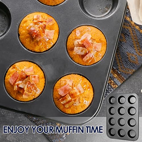 Miniatura 6 de Cyimi Molde para magdalenas, juego de 2 moldes para hornear magdalenas, 12 tazas, revestimiento de acero al carbono, antiadherente, bandeja para