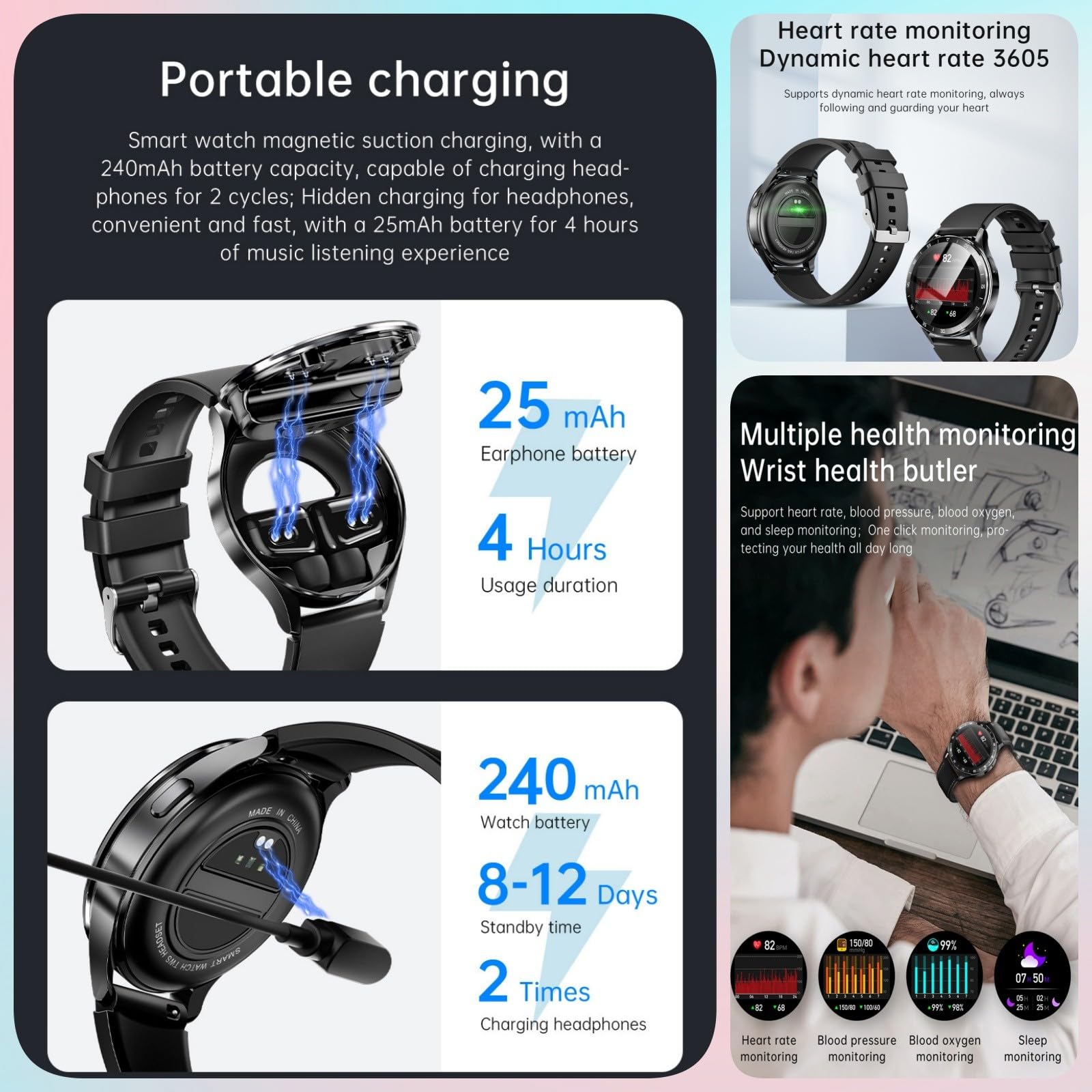 Reloj Inteligente con Auriculares Bluetooth 2 En 1,Carcasa Metálica,Resistente Al Agua IP67,Reloj Deportivo Plegable con Podómetro,Monitorización De Salud,Compatible con Android E iOS.