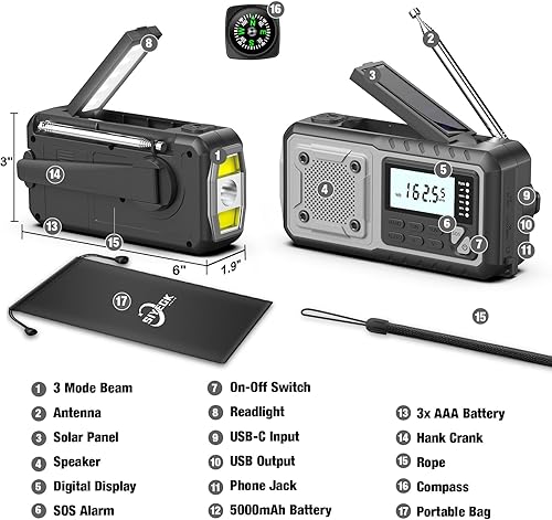 Miniatura 3 de Radio meteorológica de emergencia de 5000 mAh con manivela solar, dispositivos geniales para hombres, papá, esposo, dispositivos geniales, NOAA AM