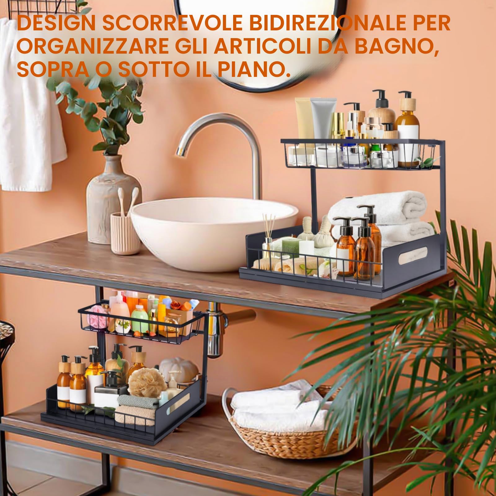Confezione da 2 organizer da cucina sotto il lavello, 2 ripiani regolabili in altezza, in metallo, estraibile, per cucina e bagno, con ganci e tazza per appendere i prodotti per la pulizia