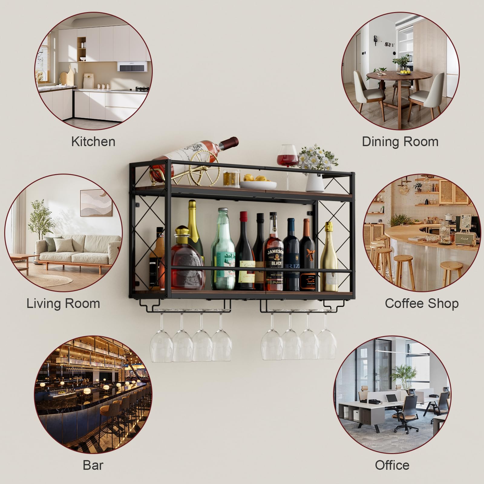 Weinregal, Wandhalterung, 2 Etagen, Wand-Weinregal mit Glashalter, Anti-Drop-Querstange, 80 cm, Metall-Weinhalter für Zuhause, Küche, Esszimmer, Bar, Schwarz