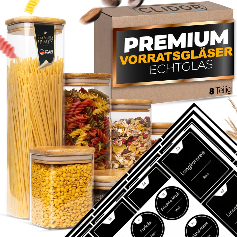 CLIDOR Vorratsgläser mit Deckel, Eckig - 8er Set - 5,2L Vol., Inkl. 210 Premium Vorratsetiketten in Rund & Eckig, Erhöhte Glasstärke, Vorratsdosen mit Deckel luftdicht, Glasbehälter für Lebensmittel