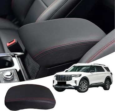 for 2024 2025 Ford Explorer Console Armrest Cover,Leather Middle Console Pad Arm Rest Lid Protector for 2024 2025 Ford Explorer Accessories 2020 2021 2022 2023Black Stitches