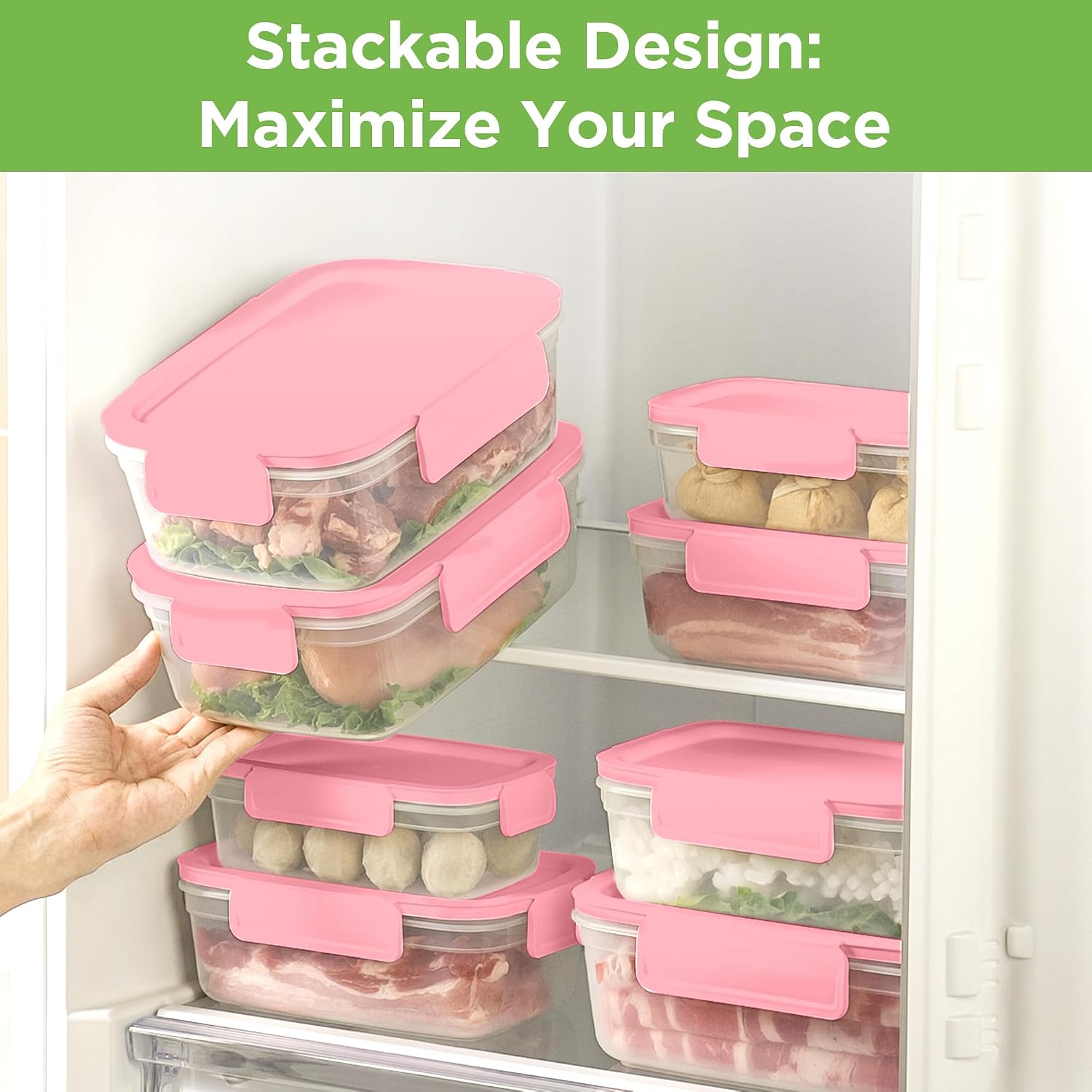 10-Pack Food Storage Containers with Airtight Leakproof Lids, BPA-Free Meal Prep Containers for Microwave/Dishwasher/Freezer, Pink, 47.3oz Each image 5