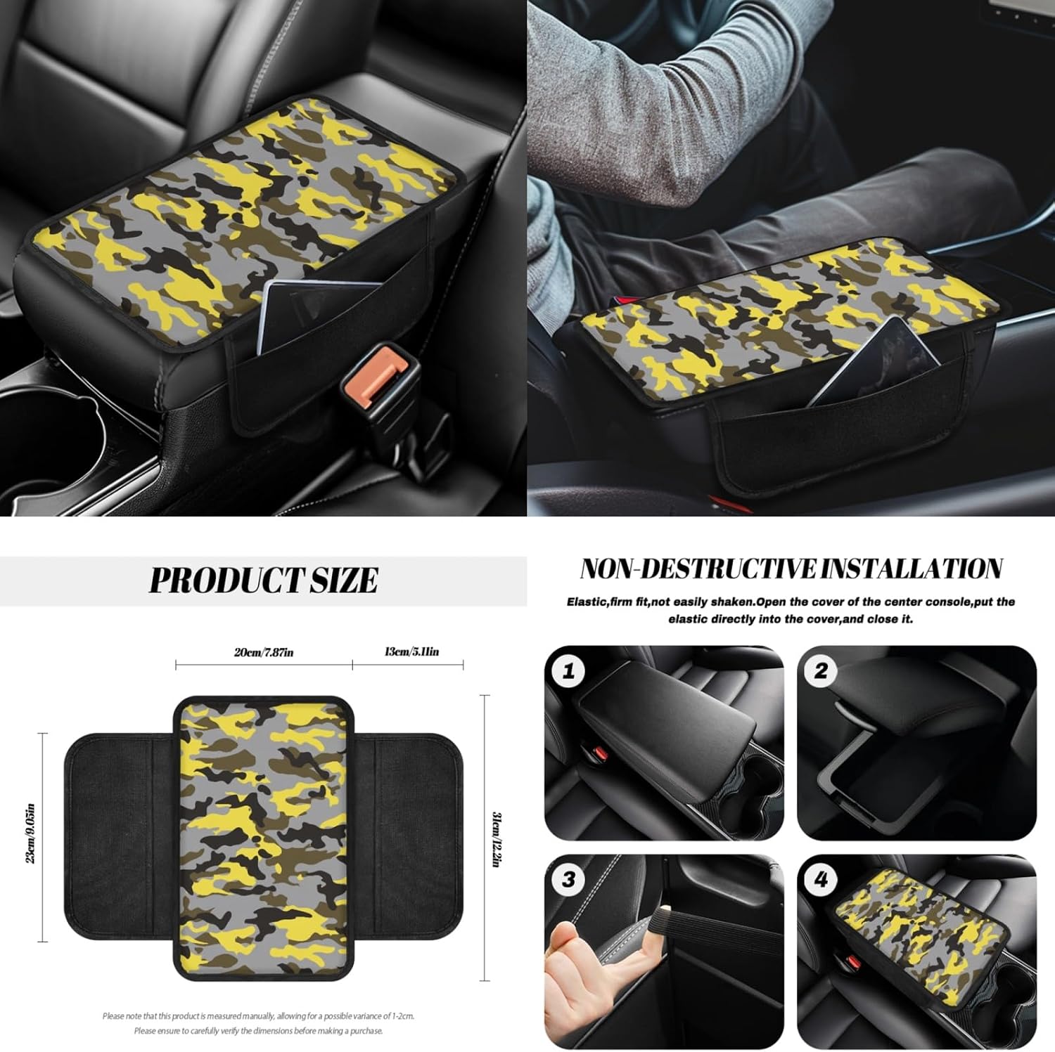 CLOHOMIN Yellow Camo Car Seat Covers Full Set of 14 Camouflage Garbage Can Safe Belt Pads Handbrake Cover Set Coasters Rear View Mirror Cover Steering Wheel Cover Car Center Console Cover