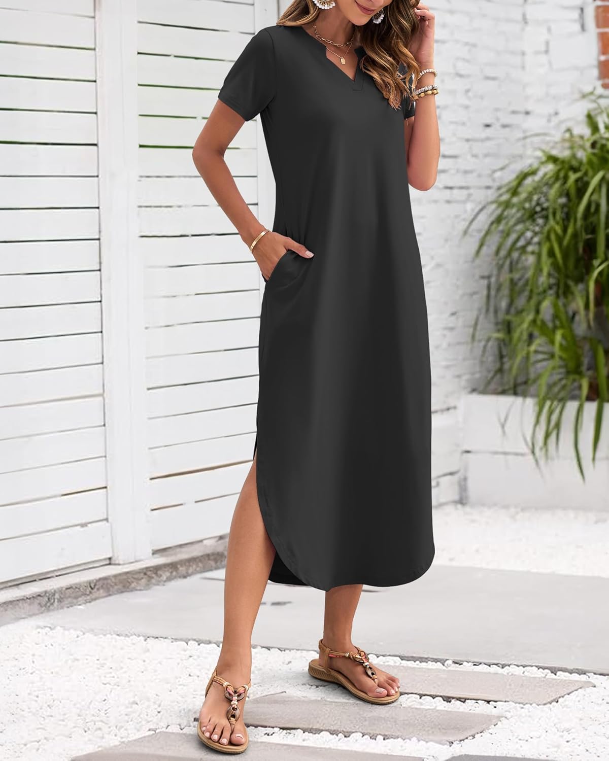 MISFAY Women's Summer Maxi Dress 2026 Casual Short Sleeves V Neck Loose Sundress Split Long Beach T Shirt Dress - Image 2