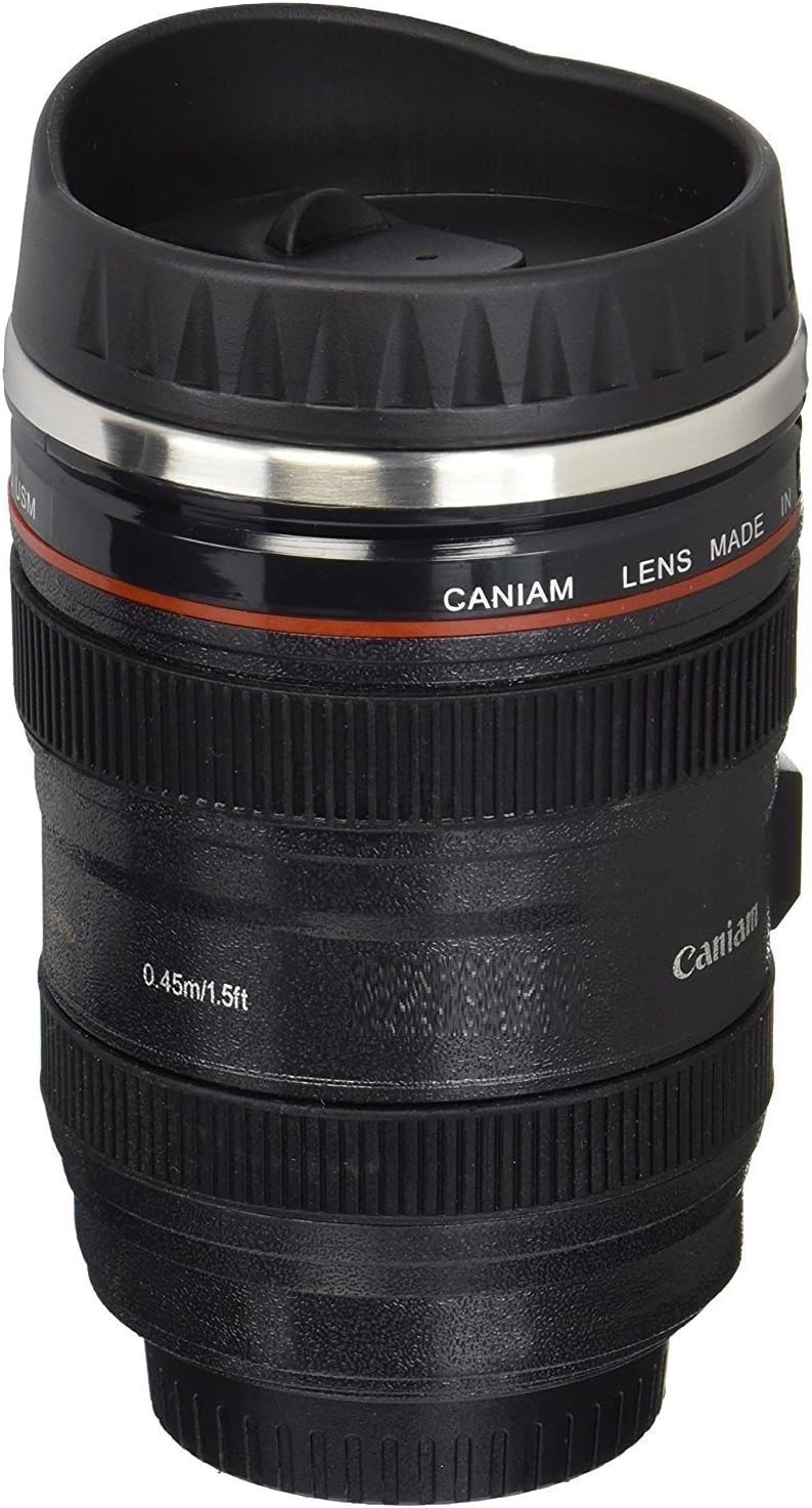 Keshav Star Flintstop Plastic Camera Lens Shaped Coffee Mug with Lid, 350ml (Black)