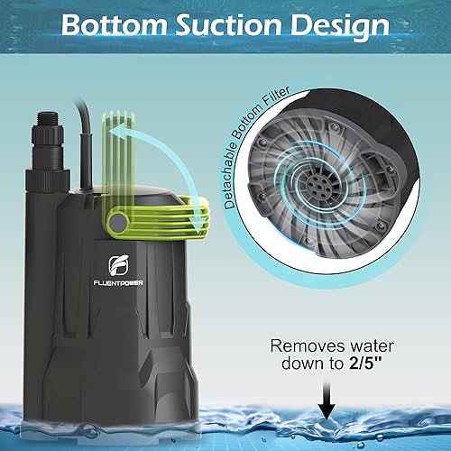 Miniatura 5 de FLUENTPOWER Bomba de sumidero, bomba de agua sumergible de 12 HP, bomba utilitaria de 2500 GPH de control manual para piscina, jardín, estanque,