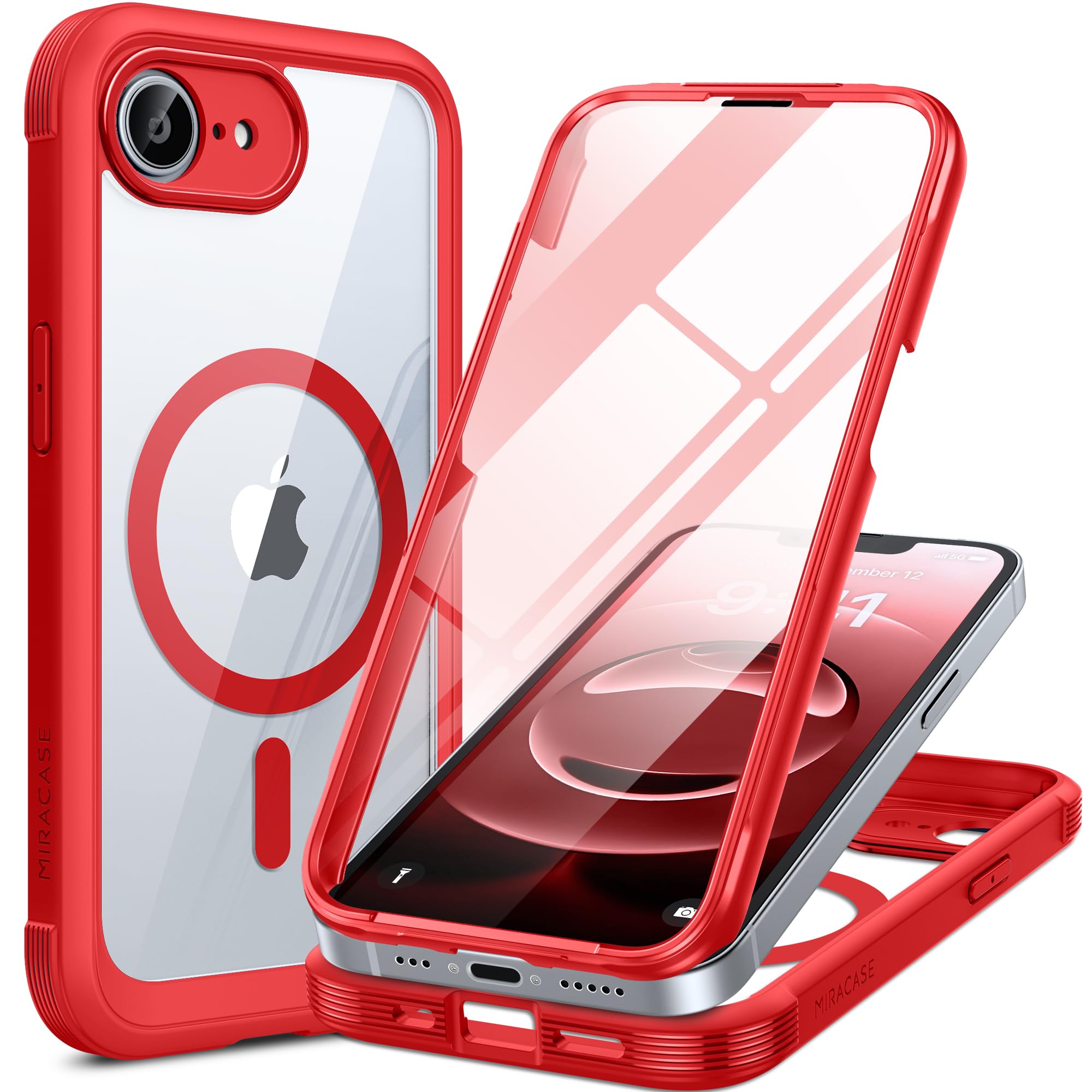 Photo 1 of Miracase for iPhone 17e Case & iPhone 16e Case, Full-Body Phone with Built-in Glass Screen Protector, [Magnetic with MagSafe] Military Drop Proof 17 E/ 16 E Cover Bumper 6.1 inch, Red