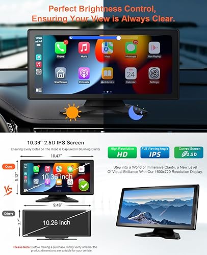 Miniatura 4 de cogamichi Apple Carplay portátil y Android Auto con cámara de respaldo de 1080P, pantalla de coche x10.36 pulgadas HD IPS pantalla táctil Carplay