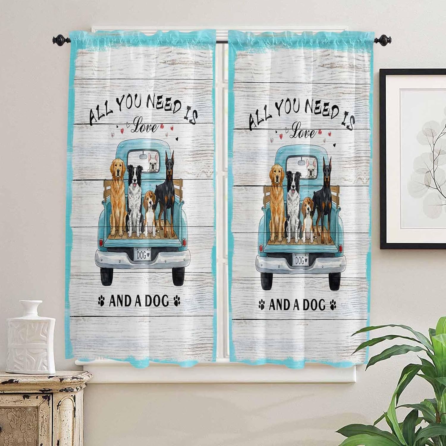 Kitchen Curtain Tiers Rod Pocket Valance Farm Truck with Dogs Window Valances Light Filtering Short Tier Curtains Country Vintage Wood Grain Window Treatment for Living Room Bathroom Decor 2 Panels