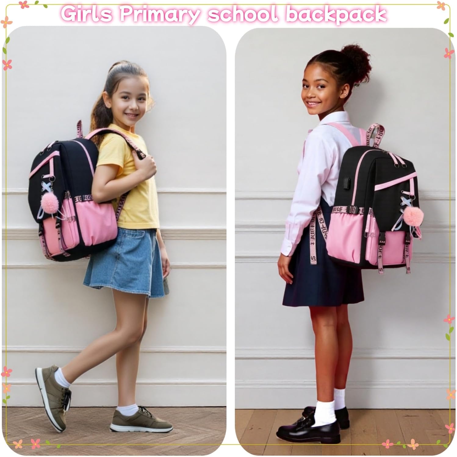 4 Pcs Girls School Backpack Kids Bookbag with Lunch Box and Case,17 Inch Teen Girls Boys Pink Backpacks for Primary Middle School