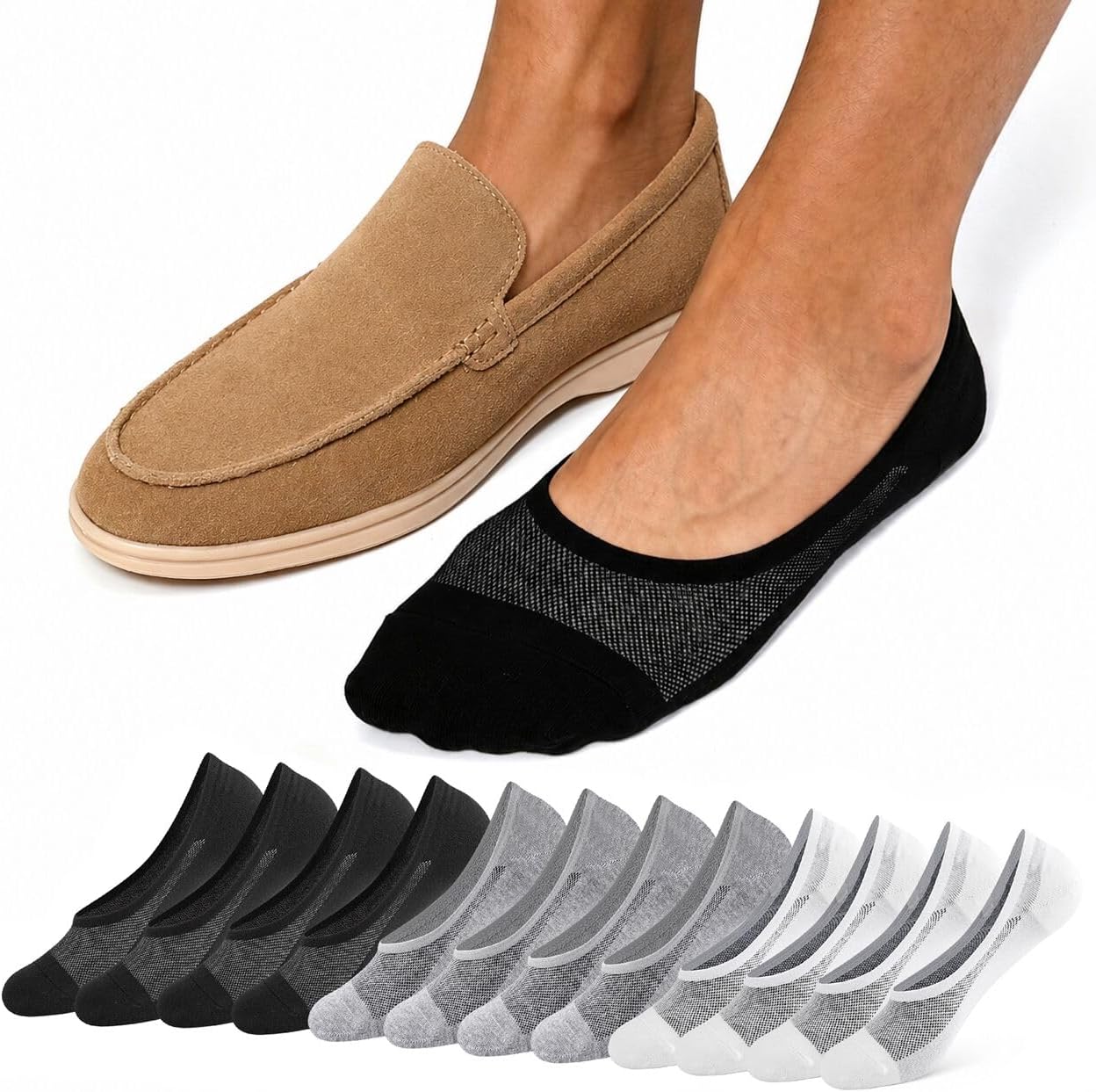 Mens No Show Socks for Loafers Sneakers, Breathable Low Cut Invisible Cotton Socks Non Slip Liner Footies 6 Pairs