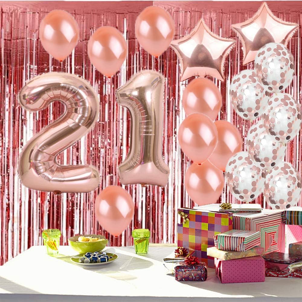 Sweet 21th Birthday Decorations Party Supplies,Rose Gold Number 21 Balloons,21th Mylar Balloons Rose Gold Foil Fringe Curtains Photo Backdrop Great 21th Birthday for Girls,Women,Men - Image 6