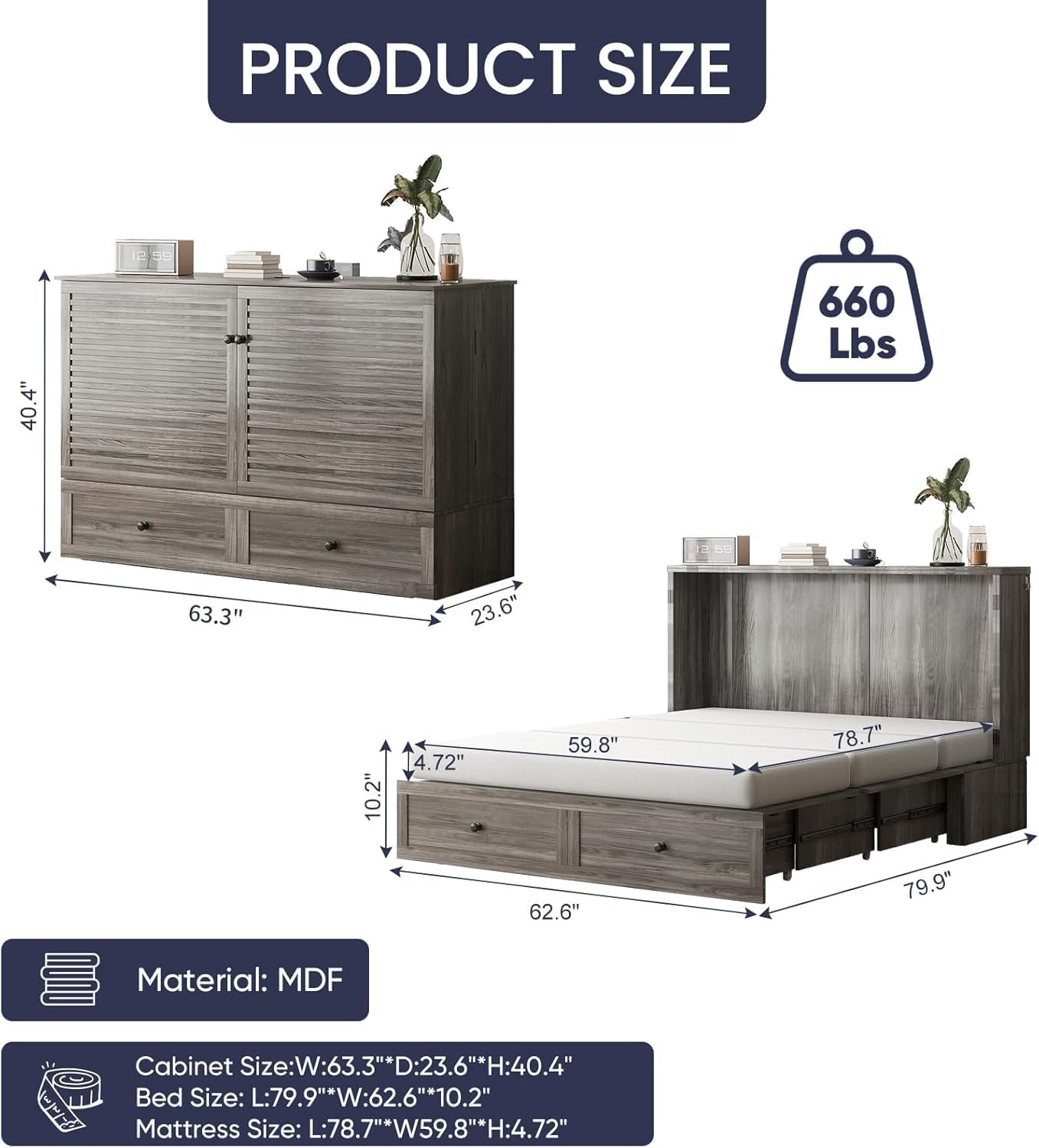 ijuicy Queen Size Murphy Bed with Mattress, Modern Cabinet Bed with Charging Station & Storage Drawer, Bedroom Armoire (Grey)