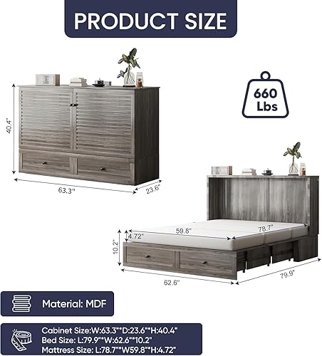 Miniatura 3 de ijuicy Cama Murphy de tamaño Queen con colchón, cama moderna con estación de carga y cajón de almacenamiento, armario de dormitorio (gris)