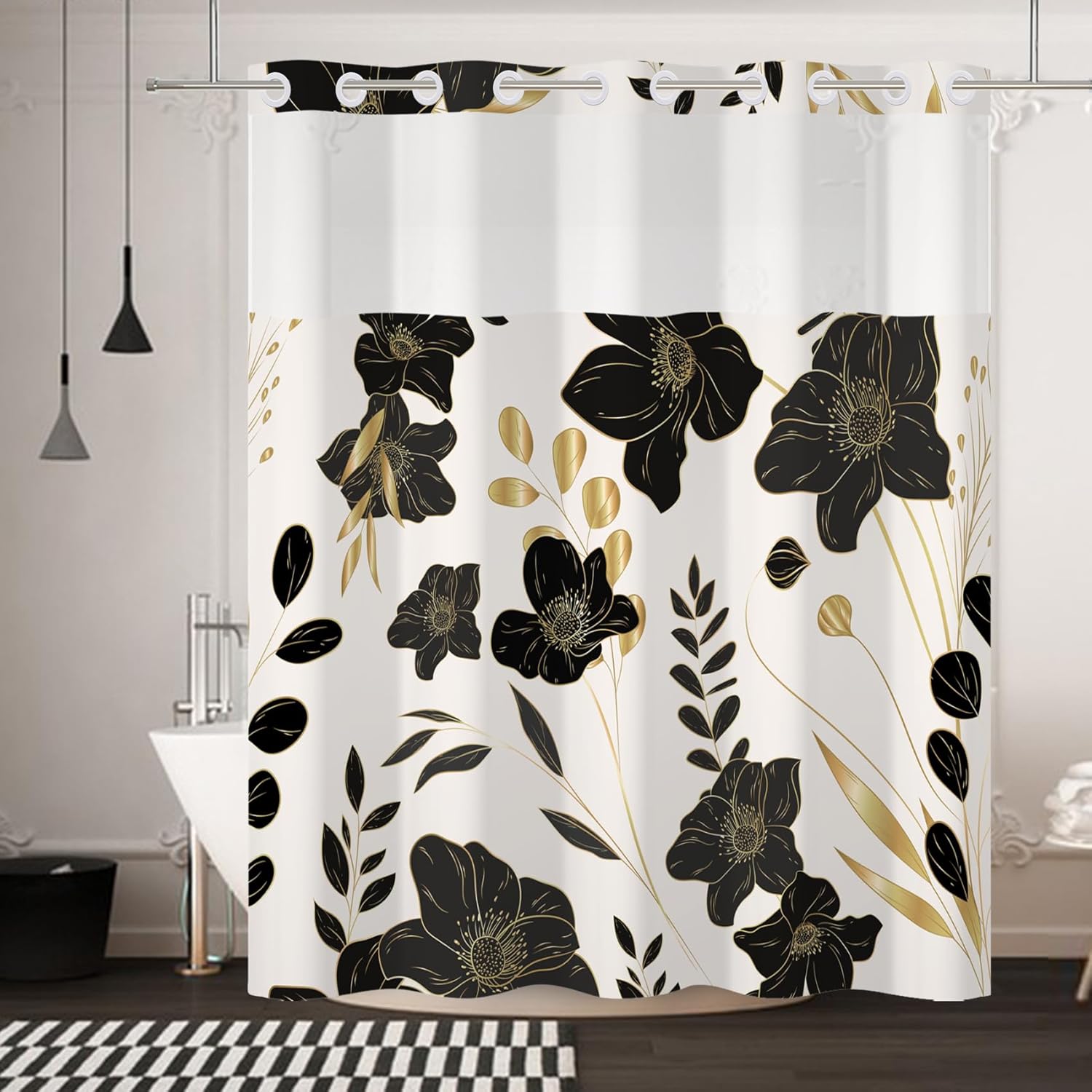 No Hook Shower Curtain,Black Flower Double-Layered Shower Curtain with Snap-in Liner and Weights,Fabric Bath Curtain with See Through Mesh, 71x74in