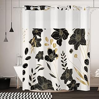 No Hook Shower Curtain,Black Flower Double-Layered Shower Curtain with Snap-in Liner and Weights,Fabric Bath Curtain with See Through Mesh, 71x74in