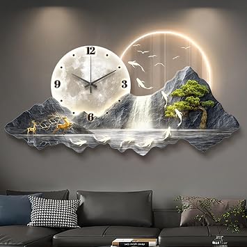 Large 3D LED Wall Clock with Light,Modern Wall Art Decor Clock,Home Decorative Painting Sculpture for Living Room Bedroom Entrance DecorGray-A,80x40cm/31.5x15.7in